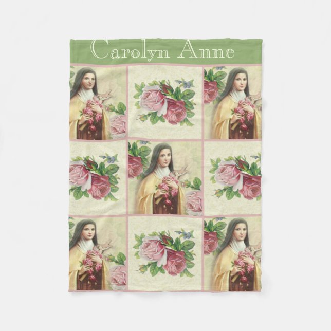 St. Therese the Little Flower w/red & pink roses Fleece Blanket (Front)