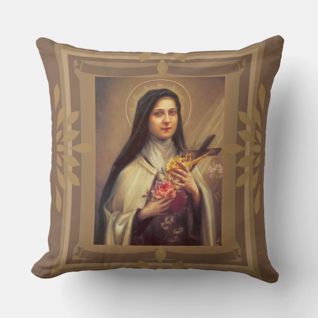 St. Therese with Roses, Crucifix Jesus Throw Pillow (Front)