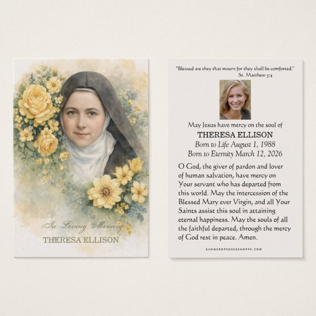 St. Therese Yellow Floral Funeral Prayer Memorial  (Front & Back)