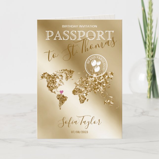 St. Thomas 50 and Fabulous Birthday Passport Map Invitation (Front)