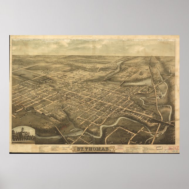 St Thomas Ontario 1896 Antique Panoramic Map Poster (Front)