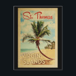 St Thomas Palm Tree Vintage Travel Postcard<br><div class="desc">A uniquely retro mid-century modern St Thomas Virgin Islands art print in vintage travel poster style. It features a curved palm tree on sandy beach with ocean under a blue cloudy sky.</div>
