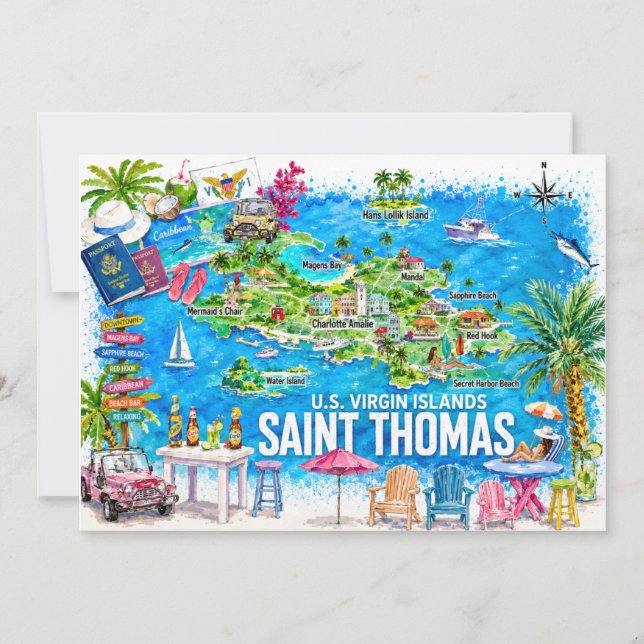 St Thomas Virgin Islands Watercolor Map Postcard (Front)
