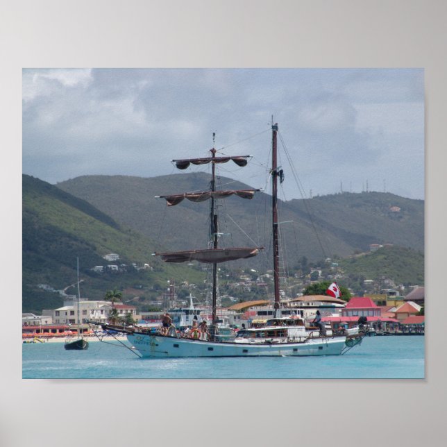 St. Thomas with tall Sail Boat, looks like pirate Poster (Front)
