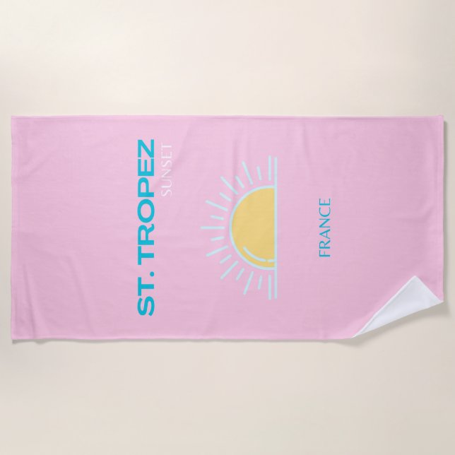 St Tropez, France, Preppy, Pink Beach Towel (Front)