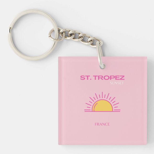 St Tropez, France, Sunset, Travel Art, Pink Keychain (Front)