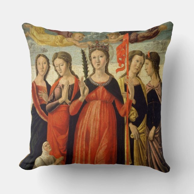 St. Ursula and Four Saints (tempera on panel) Throw Pillow (Front)
