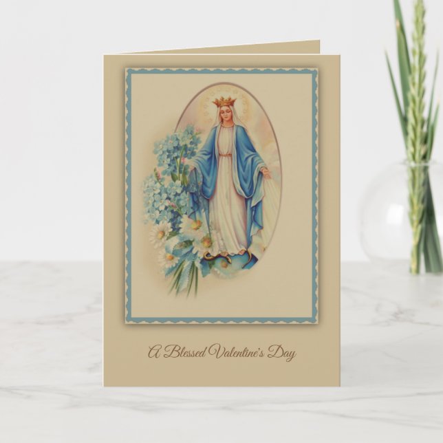 St. Valentines Day Blessed Virgin Mary Floral Holiday Card (Front)