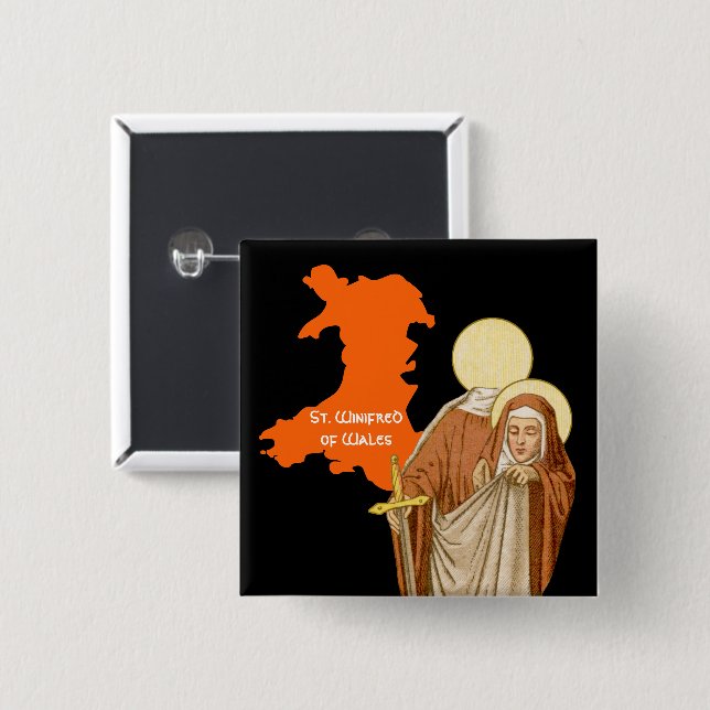 St. Winifred of Wales (P 002) 2 Inch Square Button (Front & Back)