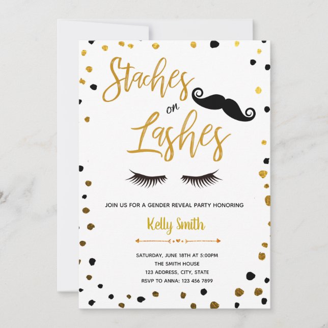 Staches or lashes gender reveal invitation (Front)