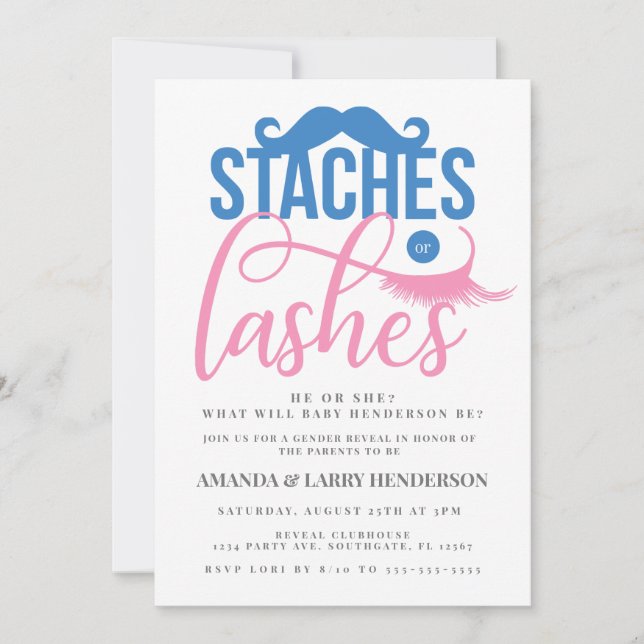 Staches or Lashes Gender Reveal Invitation (Front)
