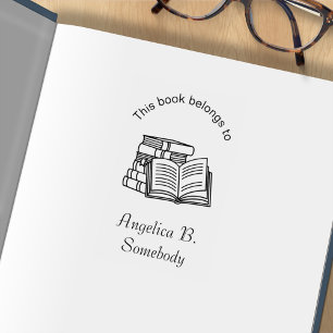 Stack of Books and Open Book - Bookplate Rubber Stamp