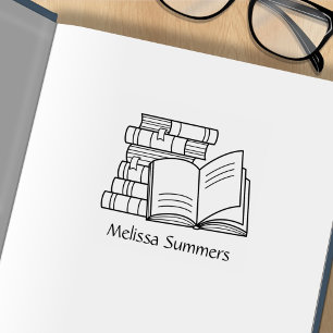 Stack of Books and Open Book - Bookplate Rubber Stamp
