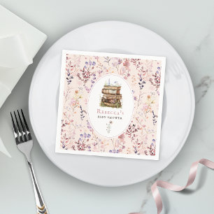 Stack of books baby shower watercolor, wildflower napkin