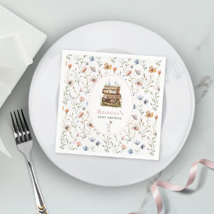 Stack of books baby shower watercolor, wildflower napkin