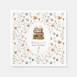 Stack of books baby shower watercolor, wildflower napkin
