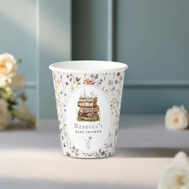 Stack of books baby shower watercolor, wildflower paper cups (Creator Uploaded)