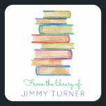 Stack of Books Library Bookplate Square Sticker<br><div class="desc">This cute watercolor stack of books sticker can be customized for any wording.  This bookplate makes the perfect gift for teachers and book lovers alike!</div>