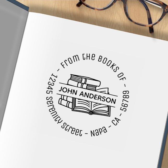 Stack of Books Round Address Bookplate 2 Rubber Stamp (Creator Uploaded)