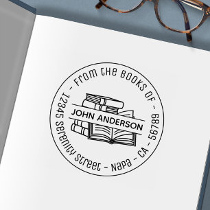 Stack of Books Round Address Bookplate 3 Self-inking Stamp