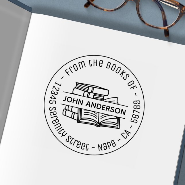 Stack of Books Round Address Bookplate 3 Self-inking Stamp (Creator Uploaded)