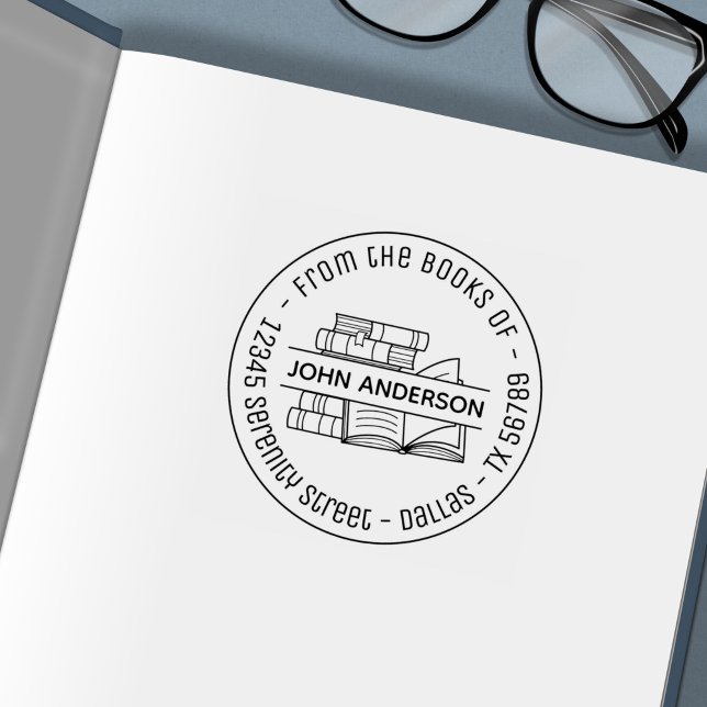 Stack of Books Round Address Bookplate 3 Self-inking Stamp (Creator Uploaded)