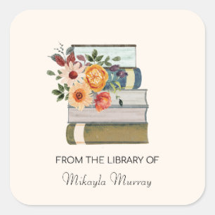 Stack of Books with Flowers Personalized Bookplate Square Sticker