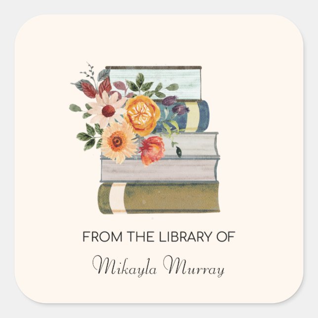 Stack of Books with Flowers Personalized Bookplate Square Sticker (Front)