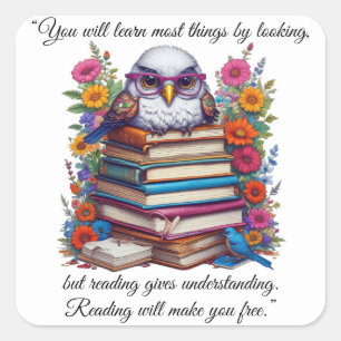 Stack Of Books With Owl And Colourful Flowers Square Sticker