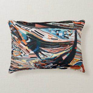 Stack of brown and blue wooden boat lot accent pillow