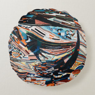 Stack of brown and blue wooden boat lot round pillow