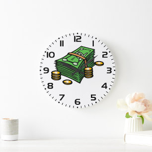 Stack of Cash with Coins Money Large Clock