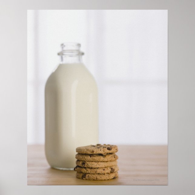 Stack of chocolate chip cookies milk in a glass poster (Front)