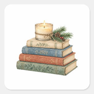 Stack of Cozy Books with Candle and Pine Square Sticker