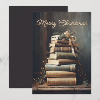Stack of old books with Christmas Decorations Holiday Card