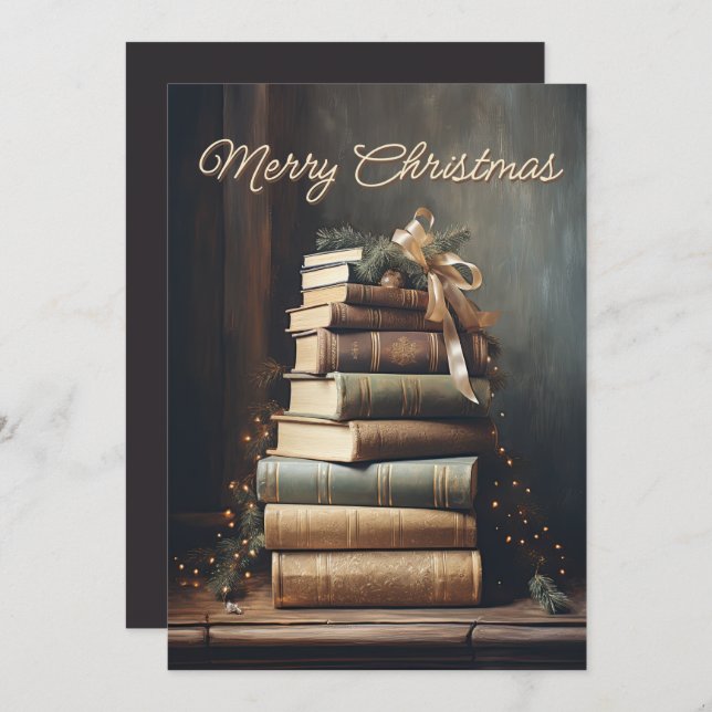 Stack of old books with Christmas Decorations Holiday Card (Front/Back)