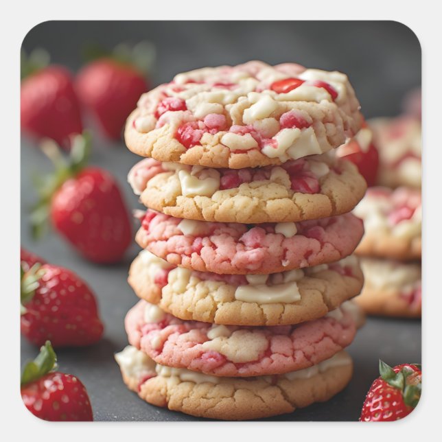 Stack Of Strawberry White Chocolate Chip Cookies Square Sticker (Front)