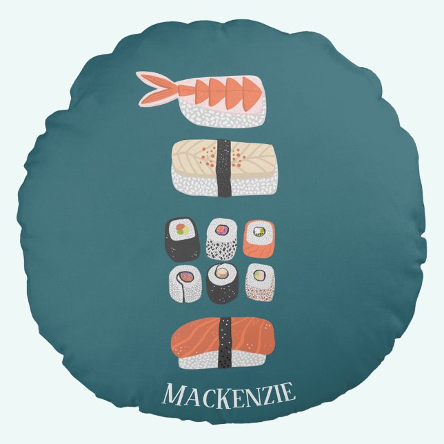 Stack of Sushi Custom Name Round Pillow (Japanese sushi personalized teal green round pillow or cushion)