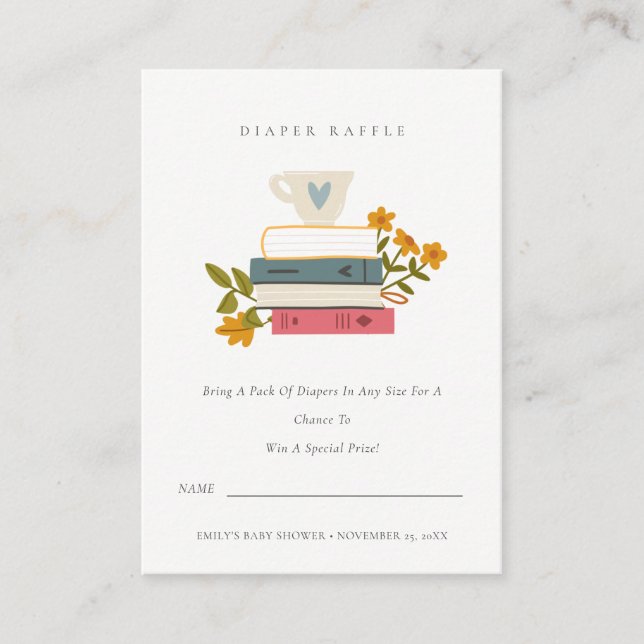Stacked Books Floral Diaper Raffle Mum Baby Shower Enclosure Card (Front)