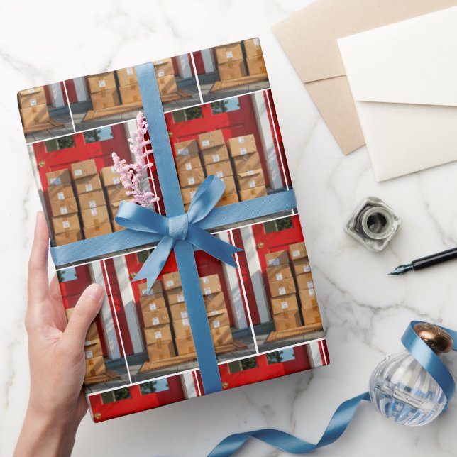 Stacked Cardboard Boxes By a Red Door Wrapping Paper (Gifting)