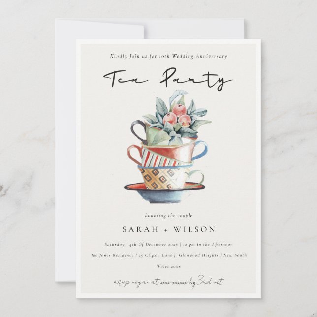 Stacked Cups Any Year Anniversary Tea Party Invite (Front)