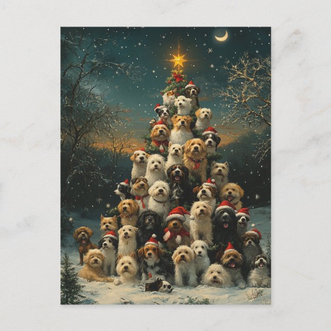 Stacked Dogs Christmas Tree Postcard (Front)