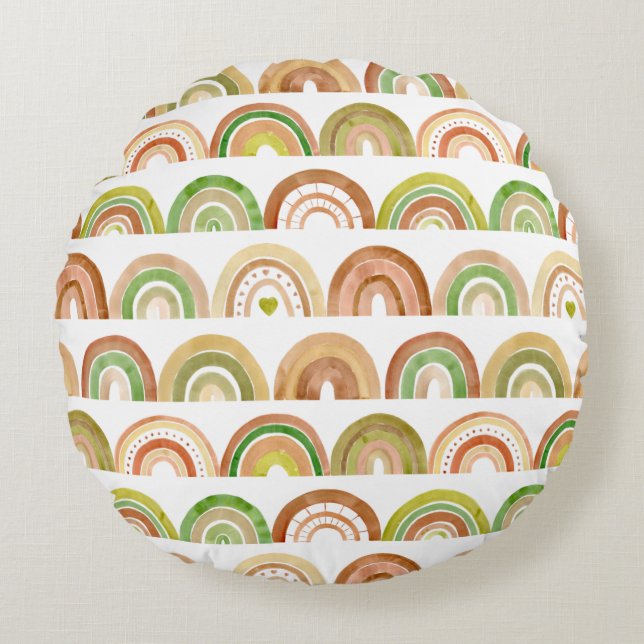 Stacked Earthy Rainbow Rows Pattern Round Pillow (Front)