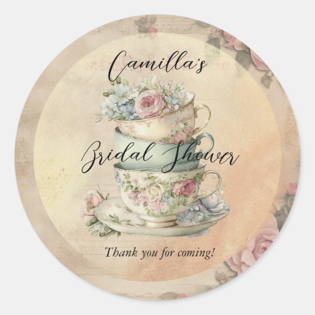 Stacked Floral Teacups Ephemera Bridal Shower Classic Round Sticker (Front)