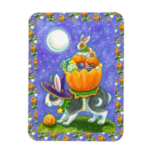 STACKED HALLOWEEN BUNNIES, CANDY CORN, COLORFUL  MAGNET