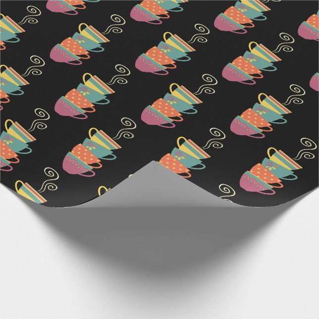 Stacked porcelain cuprs, tea, coffee steam wrapping paper (Corner)