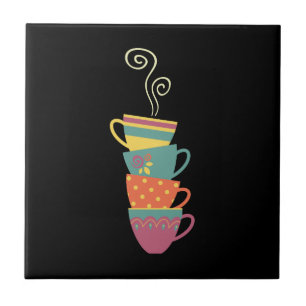 Stacked porcelain cuprs, tea, coffee steaming  tile