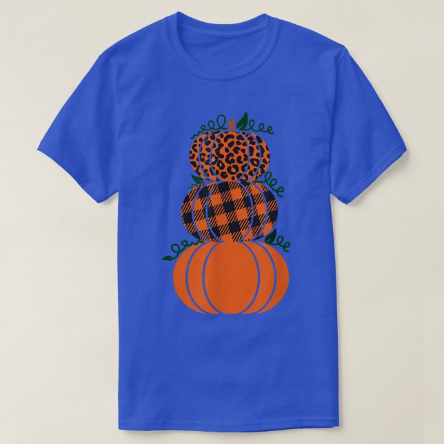 Stacked Pumpkins Leopard Print Plaid Print Fall Au T-Shirt (Design Front)