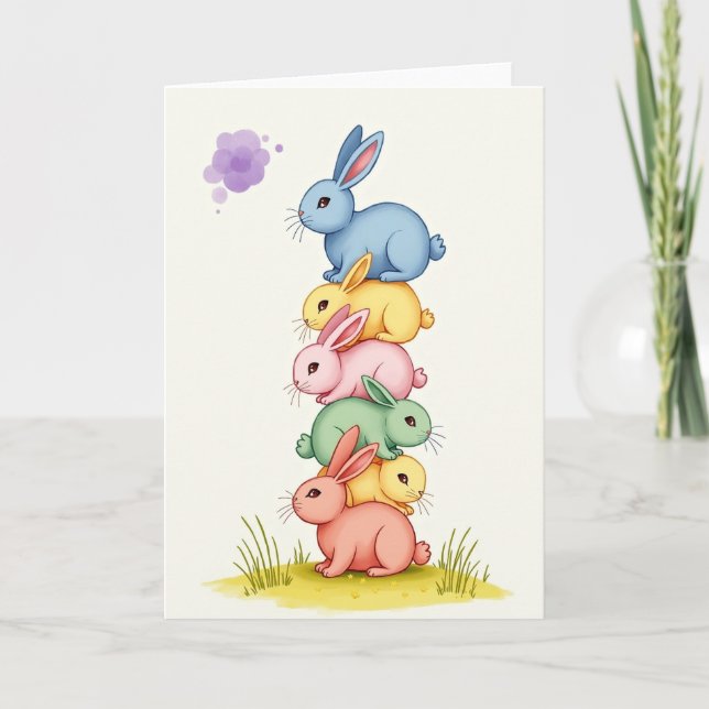 Stacked Rabbit Friends Cute Art Card (Front)