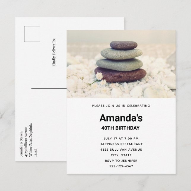Stacked Stones Meditative Cairn Birthday Invitation Postcard (Front/Back)